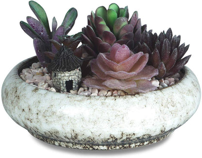 6.1 inch Round Succulent Planter Pots with Drainage Hole Bonsai Pots Garden Decorative Cactus Stand Ceramic Glazed Flower Container White, with Bamboo Tray