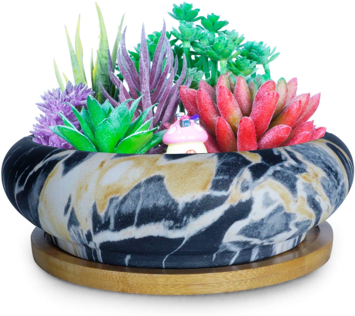 ARTKETTY Marble Ceramic Succulent Cactus Plant Pot, Large Round Bonsai Planter Bowl with Drainage Bamboo Tray, Decorative Garden Flower Plant Container Perfect for Home/Office Decor