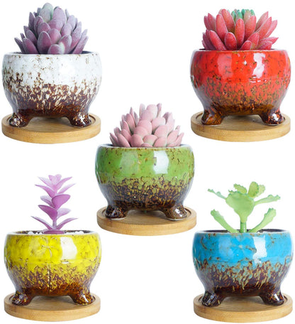 ARTKETTY Succulent Planter Pots, 3.9 Inch Small Ceramic Cactus Planter Pots Tripod Glazed Flower Plant Container Tiny Pots with Drainge Bamboo Tray, Set of 5