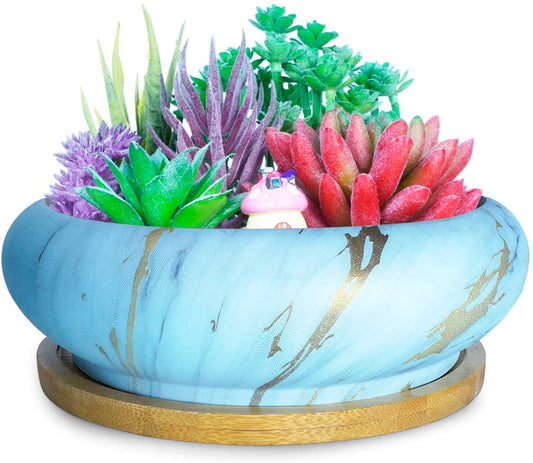 Artketty 6.1 Inch Large Ceramic Succulent Planter Pot, Modern Round Cactus Flower Planter Container Bowl with Drainage Bamboo Tray Decorative Garden Shallow Marble Bonsai Pot for Indoor/outdoor Plants