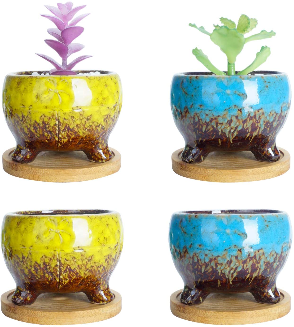 ARTKETTY Succulent Planter Pots, 3.9 Inch Small Ceramic Cactus Planter Pots Tripod Glazed Flower Plant Container Tiny Pots with Drainge Bamboo Tray, Set of 5