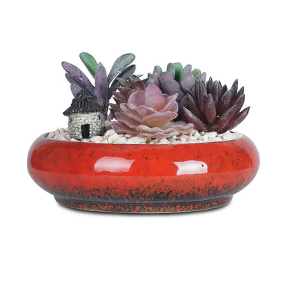 6.1 inch Round Succulent Planter Pots with Drainage Hole Bonsai Pots Garden Decorative Cactus Stand Ceramic Glazed Flower Container Red, with Bamboo Tray