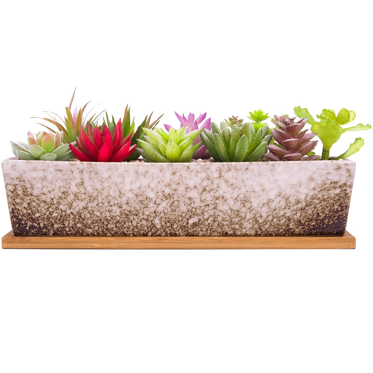 12 Inch Succulent Pots Long Rectangle Succulent Planter Pots with Drainage Bamboo Trays, Large Ceramic Cactus Flower Planters for Indoor/Outdoor Plants Shallow Bonsai Window Box Home Garden Decor