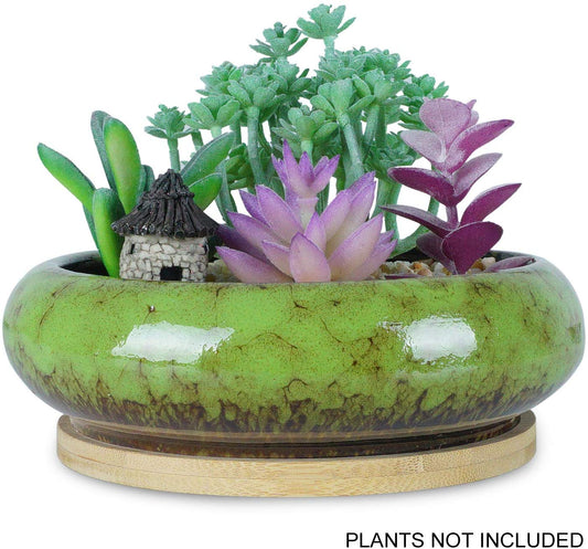 6.1 inch Round Succulent Planter Pots with Drainage Hole Bonsai Pots Garden Decorative Cactus Stand Ceramic Glazed Flower Container Green, with Bamboo Tray