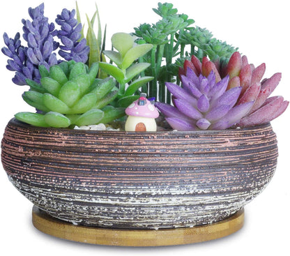 ARTKETTY Succulent Planter, Large Succulent Pots with Drainage Bamboo Tray 8 Inch Ceramic Bonsai Pots for Indoor/Outdoor Plants Garden Decorative Cactus Flower Container Bowl