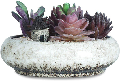 6.1 inch Round Succulent Planter Pots with Drainage Hole Bonsai Pots Garden Decorative Cactus Stand Ceramic Glazed Flower Container White, with Bamboo Tray