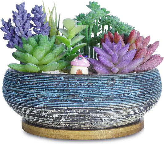 ARTKETTY 8 Inch Large Round Succulent Planter Pots with Drainage Bamboo Tray Ceramic Glazed Bonsai Pots for Indoor/Outdoor Plants Garden Decorative Cactus Flower Container Bowl