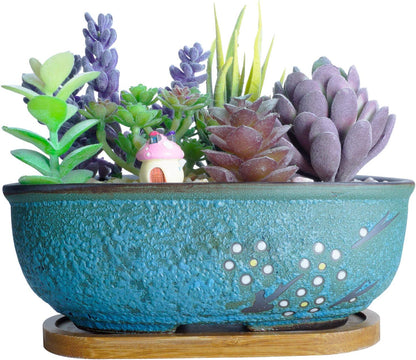 ARTKETTY Succulent Pots with Drainage, 7.9 Inch Rectangular Ceramic Bonsai Pot with Tray Small Cactus Succulent Planter Container, Home Garden Window Box