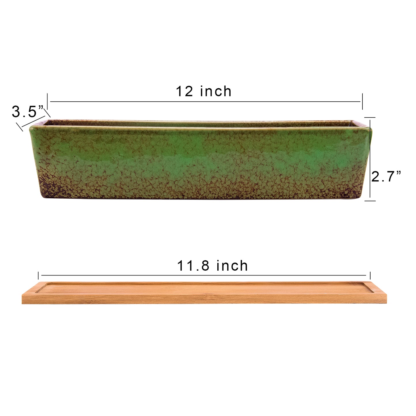 12 Inch Succulent Pots Long Rectangle Succulent Planter Pots with Drainage Bamboo Trays, Large Ceramic Cactus Flower Planters for Indoor/Outdoor Plants Shallow Bonsai Window Box Home Garden Decor