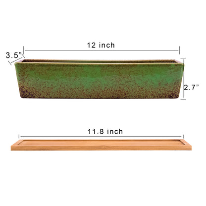 12 Inch Succulent Pots Long Rectangle Succulent Planter Pots with Drainage Bamboo Trays, Large Ceramic Cactus Flower Planters for Indoor/Outdoor Plants Shallow Bonsai Window Box Home Garden Decor