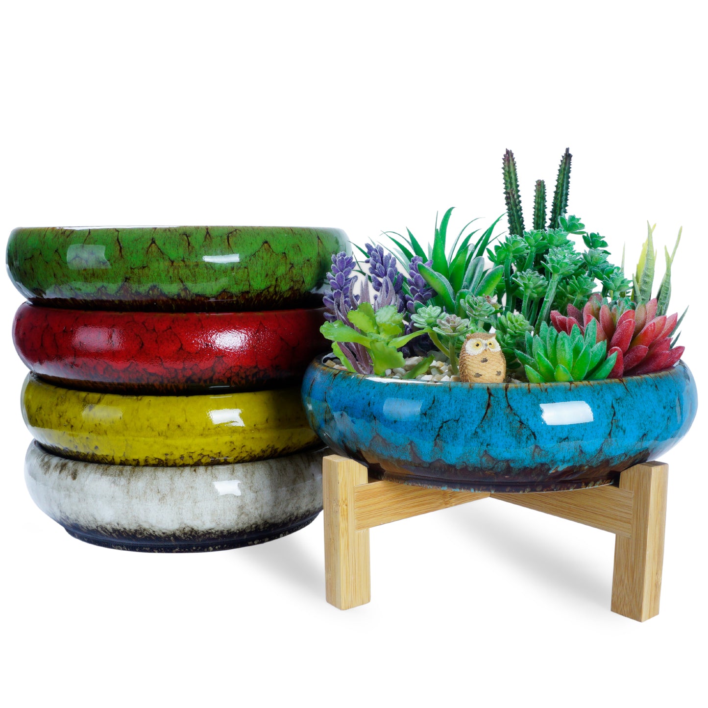 Succulent Pots with Drainage - Large Succulent Planters with Decorative Pebbles Rocks, Planting Tools Set for Beginner- Shallow Bonsai Pot Ceramic Cactus Flower Plant Pot, Blue