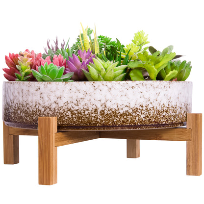 Succulent Pot - Large Succulent Planter Pots with Drainage Bamboo Stand, 11.5 Inch Shallow Ceramic Bonsai Pots for Indoor/Outdoor Cactus Flower Plants