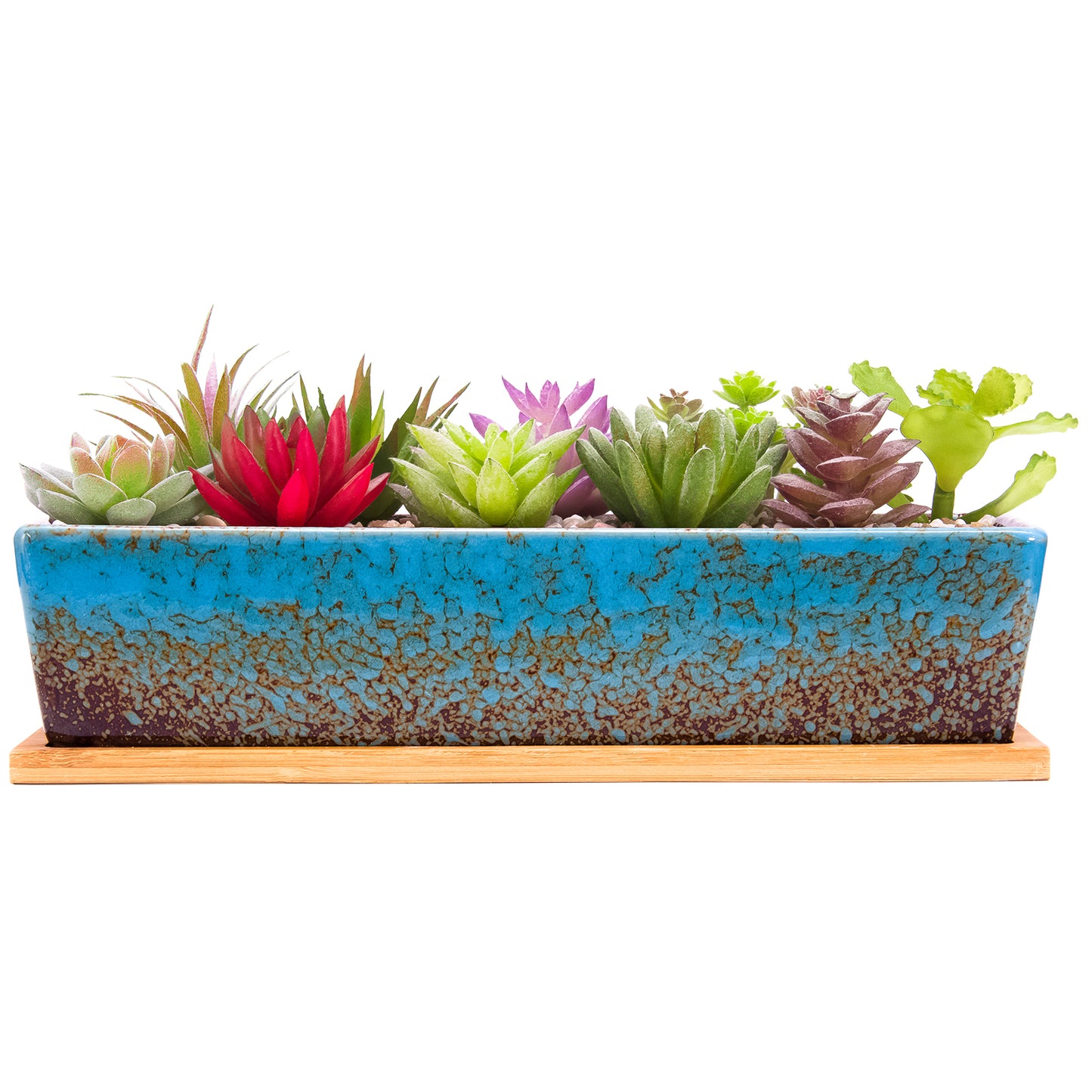 12 Inch Succulent Pots Long Rectangle Succulent Planter Pots with Drainage Bamboo Trays, Large Ceramic Cactus Flower Planters for Indoor/Outdoor Plants Shallow Bonsai Window Box Home Garden Decor