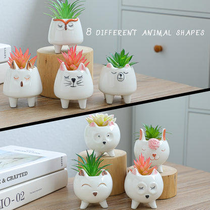 8 Pcs Succulent Pots with Drainage, Small Cartoon Animal Planters Ceramic Planter Pot for Indoor Cactus Plants Mini Cute Flower Plant Container for Desk Windowsill Decoration