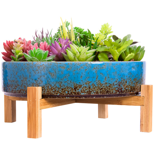 Succulent Pot - Large Succulent Planter Pots with Drainage Bamboo Stand, 11.5 Inch Shallow Ceramic Bonsai Pots for Indoor/Outdoor Cactus Flower Plants