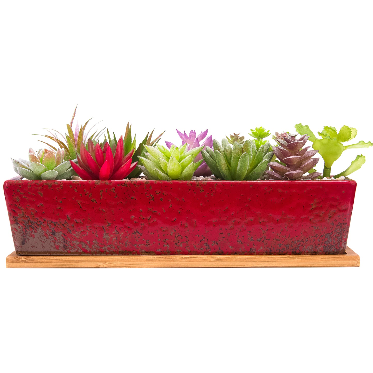 12 Inch Succulent Pots Long Rectangle Succulent Planter Pots with Drainage Bamboo Trays, Large Ceramic Cactus Flower Planters for Indoor/Outdoor Plants Shallow Bonsai Window Box Home Garden Decor