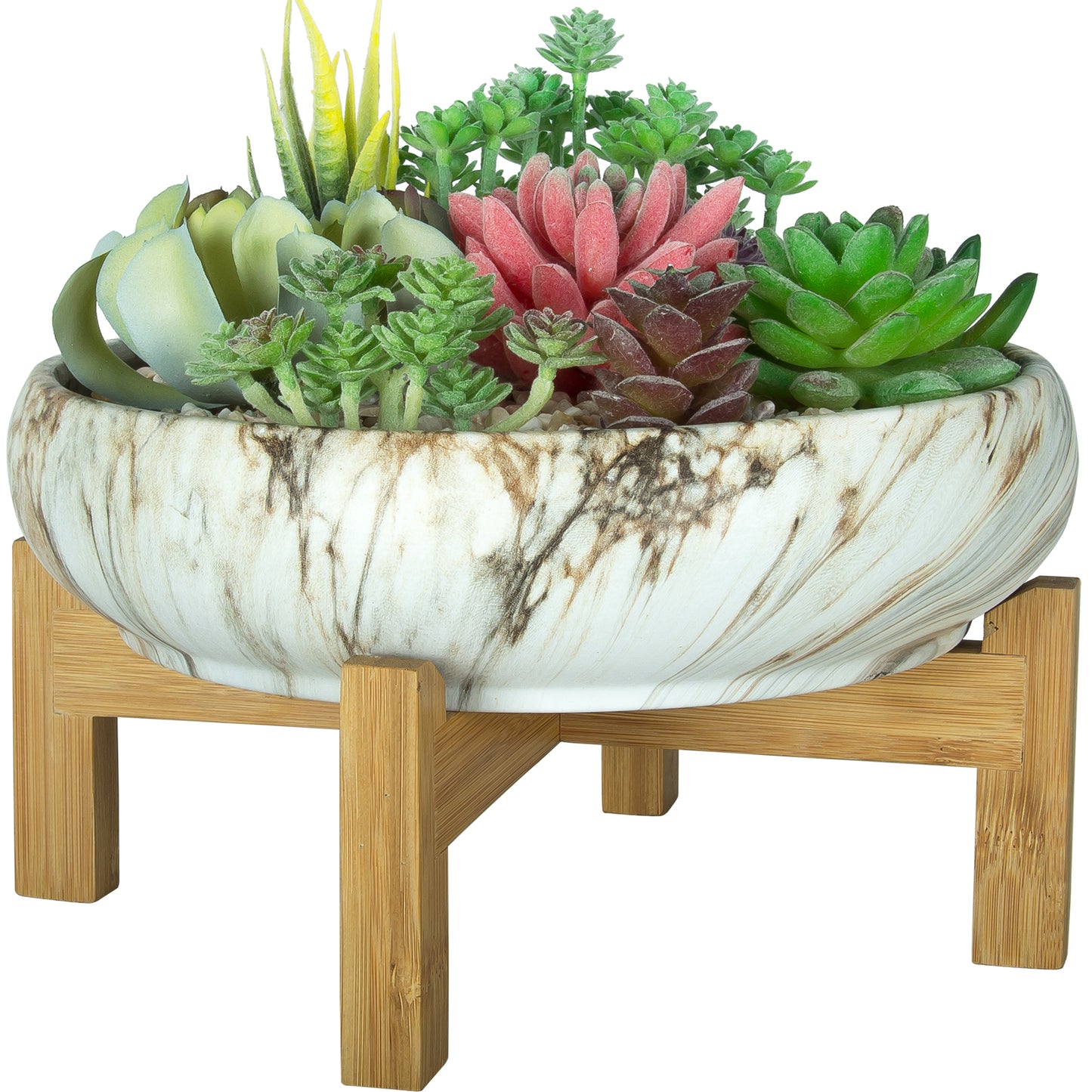 Succulent Pot, Large Succulent Planter Pot with Stand, 10 Inch Ceramic Bonsai Pot with Drainage Round Marble Cactus Flower Plant Bowl for Indoor/Outdoor