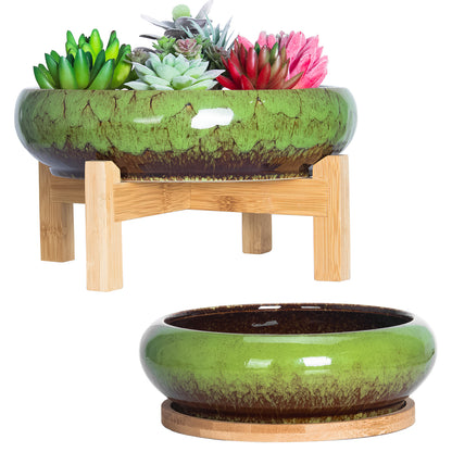 Succulent Pots, Large Succulent Planter Pots with Drainage Tray Shallow Bonsai Pots with Stand Ceramic Cactus Flower Planter Pot for Indoor Plants (7.3 and 10")