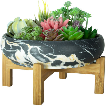 Succulent Pot, Large Succulent Planter Pot with Stand, 10 Inch Ceramic Bonsai Pot with Drainage Round Marble Cactus Flower Plant Bowl for Indoor/Outdoor