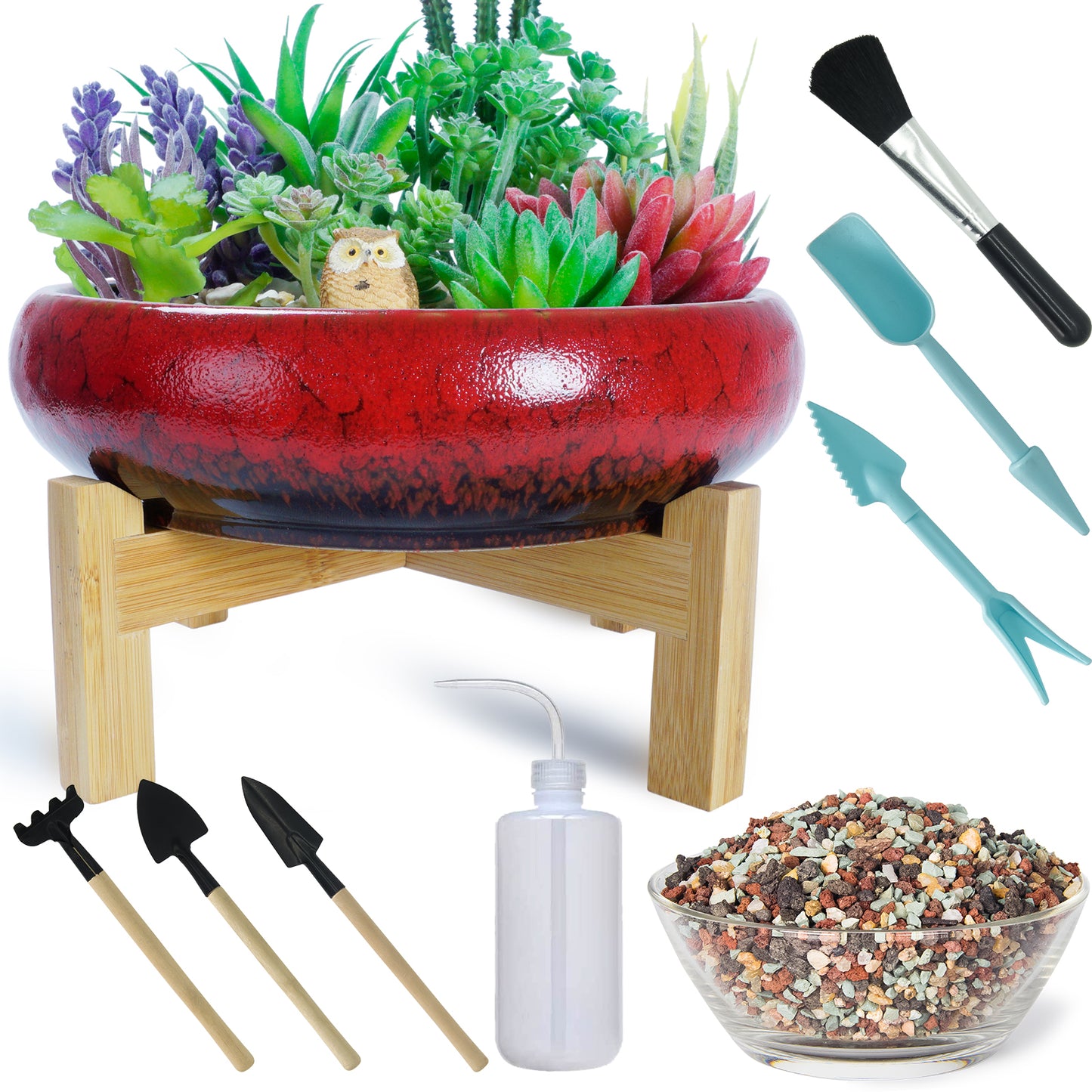 Succulent Pots with Drainage - Large Succulent Planters with Decorative Pebbles Rocks, Planting Tools Set for Beginner- Shallow Bonsai Pot Ceramic Cactus Flower Plant Pot, Blue