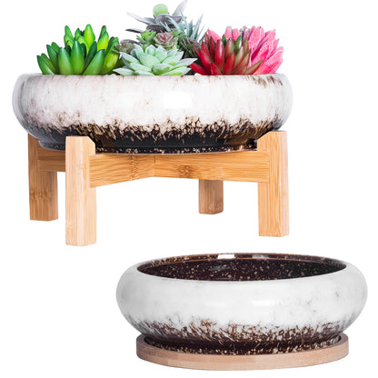 Succulent Pots, Large Succulent Planter Pots with Drainage Tray Shallow Bonsai Pots with Stand Ceramic Cactus Flower Planter Pot for Indoor Plants (7.3 and 10")