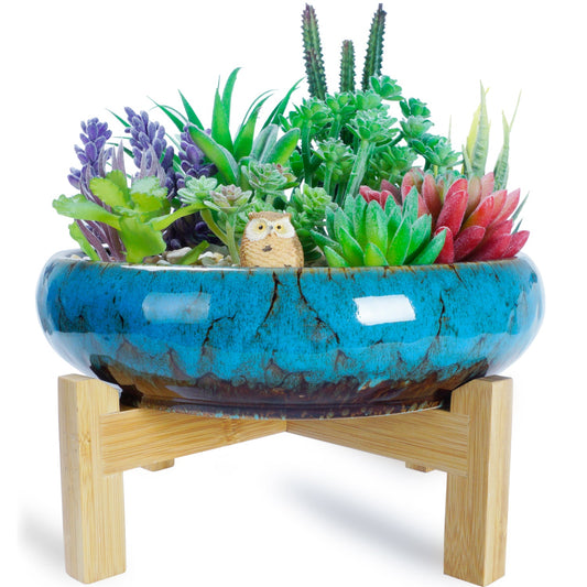 Large Succulent Pot with Drainage, 10 Inch Round Succulent Planter Pot with Stand Shallow Ceramic Bonsai Pot for Indoor Plants, Flower, Cactus