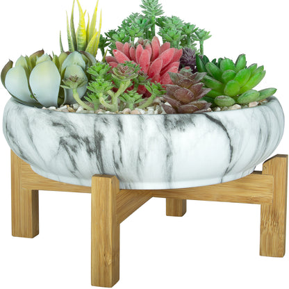 Succulent Pot, Large Succulent Planter Pot with Stand, 10 Inch Ceramic Bonsai Pot with Drainage Round Marble Cactus Flower Plant Bowl for Indoor/Outdoor